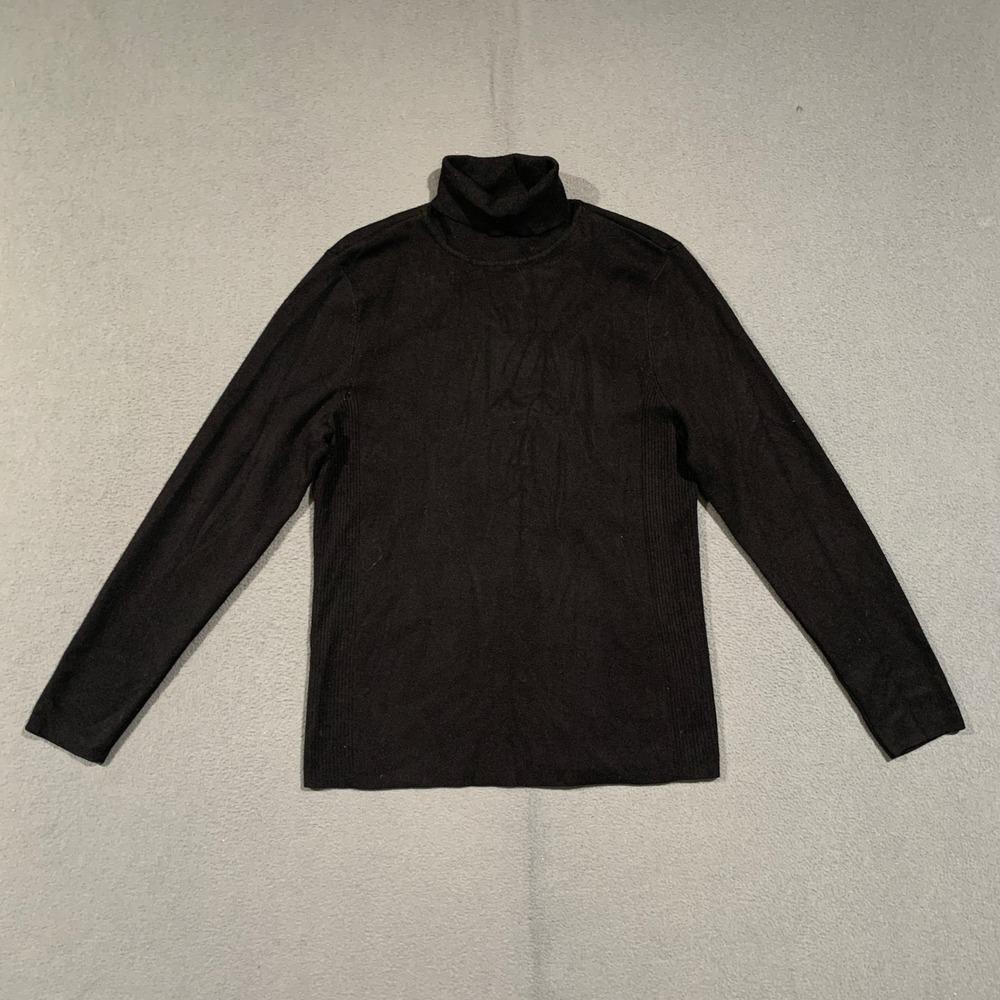 Chico's Turtleneck Sweater Women Size 2 Large Black Ribbed Side Rayon Knit Basic